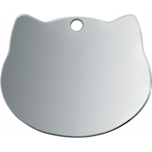 Silver stainless steel cat-shaped pet tag with smooth finish, rounded edges, and a central hole for split ring attachment.