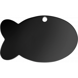 Fish shape Black Tag Smooth black fish-shaped stainless steel pet tag, 30mm x 20mm, with rounded edges and a hole for collar attachment.