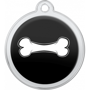 Médaille chien ronde noire 30×33 mm, acier inox avec motif os blanc, trou supérieur pour attache au collier.