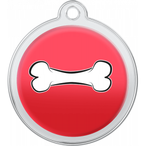 Médaille chien ronde rouge 30×33 mm, acier inox avec os blanc, trou supérieur pratique pour attache au collier.