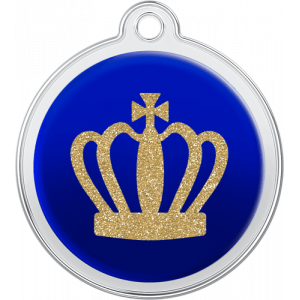 Blue round stainless steel dog tag, 30mm x 33mm, featuring a glittery gold crown design and hole for easy collar attachment.