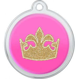 Queen Crown Design Pink Pink round stainless steel dog tag, 30mm x 33mm, with gold glitter queen crown design and top hole for collar attachment.