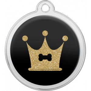 Bone Crown Design Black Black round stainless steel dog tag, 30mm x 33mm, with glittery gold crown and bone design, top hole for collar attachment.