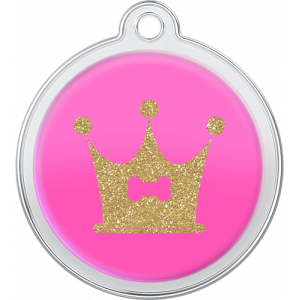 Médaille Chien Design Couronne Os Rose Médaille chien ronde rose 30×33 mm, motif os et couronne dorée pailletée, trou supérieur pour attache au collier.