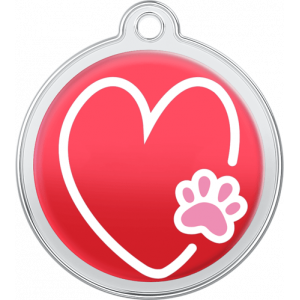 Heart-Paw Design Red Red round stainless steel dog tag, 30mm x 33mm, with white heart and pink paw print design, hole for collar attachment.