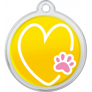 Médaille chien ronde jaune 30×33 mm, motif cœur blanc et patte rose, trou supérieur pour fixation au collier.
