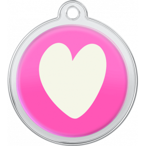Heart Design White Pink round stainless steel dog tag, 30mm x 33mm, with large white heart design and top hole for collar attachment.