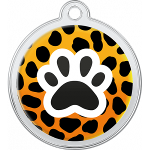 Paw Design Black Leopard Orange leopard print round stainless steel dog tag, 30mm x 33mm, with black paw print, and top hole for collar attachment.