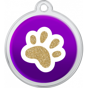 Paw Design Purple Purple round stainless steel dog tag, 30mm x 33mm, with glittery gold paw print, and top hole for easy collar attachment.