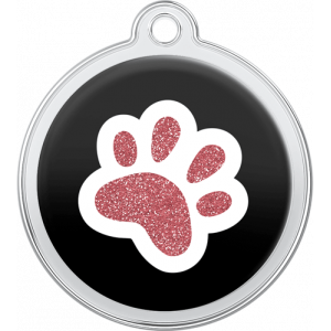 Médaille Chien Design Patte Noir Médaille chien ronde noire 30×33 mm, motif patte rose à paillettes, trou supérieur pour attache au collier.