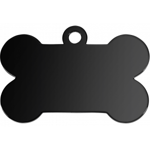 Black bone-shaped stainless steel dog tag with glossy mirror finish, customisable with deep laser engraving on both sides.