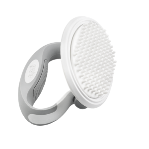 White cat grooming brush with soft silicone bristles and rotating grey handle, ideal for shedding, tangles, and daily care.