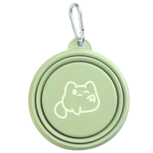Portable Collapsible Dog Bowl for Travel - Lightweight & Foldable Design for Outdoor Adventures Green collapsible dog bowl with cute cat print, foldable silicone design and carabiner for easy travel and outdoor use.