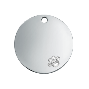 Luxury Round Silver Dog Tag Luxury silver round dog tag with crystal paw detail, stainless steel, engraved both sides with name, address and contact info.