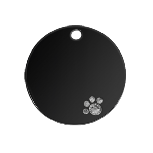 Médaille Chien Ronde Noir Luxe Médaille chien ronde noire luxe, acier inox et détail patte en cristal, gravée recto verso avec nom et téléphone.